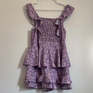 Purple Floral square neck ruffle strap dress